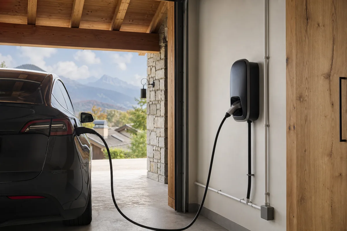 Borne de recharge murale installée dans le garage d&rsquo;une maison de Haute-Savoie