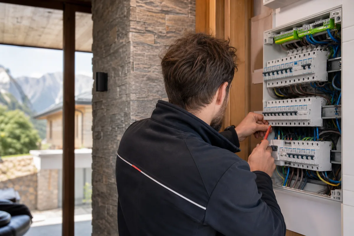Électricien raccordant le circuit dédié d&rsquo;une borne de recharge au tableau électrique