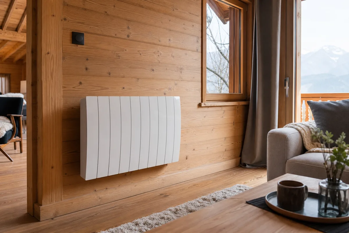 Radiateur à inertie installé dans un séjour de chalet en Haute-Savoie