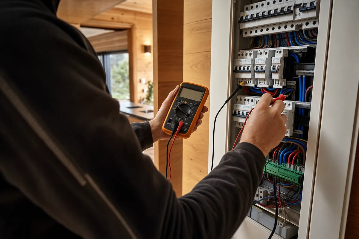 Électricien contrôlant un tableau électrique en panne à l’aide d’un multimètre