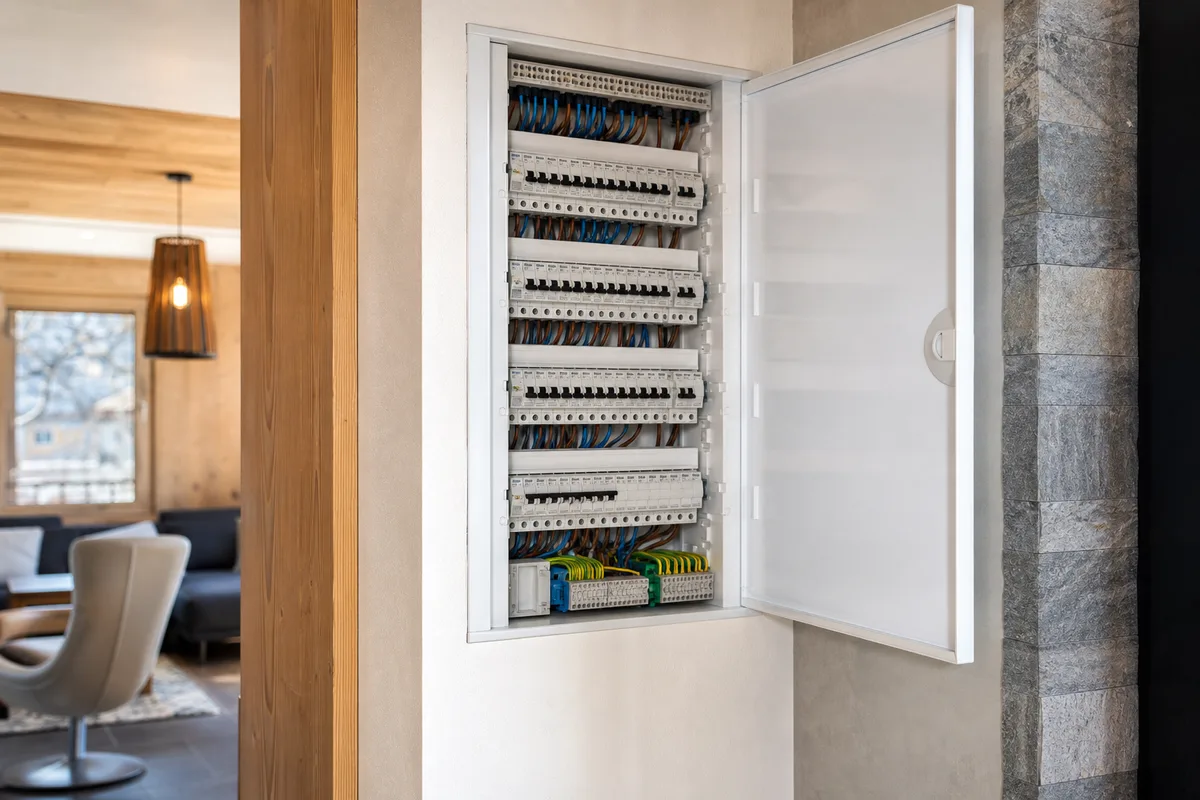 Tableau électrique dans un logement neuf du Genevois français