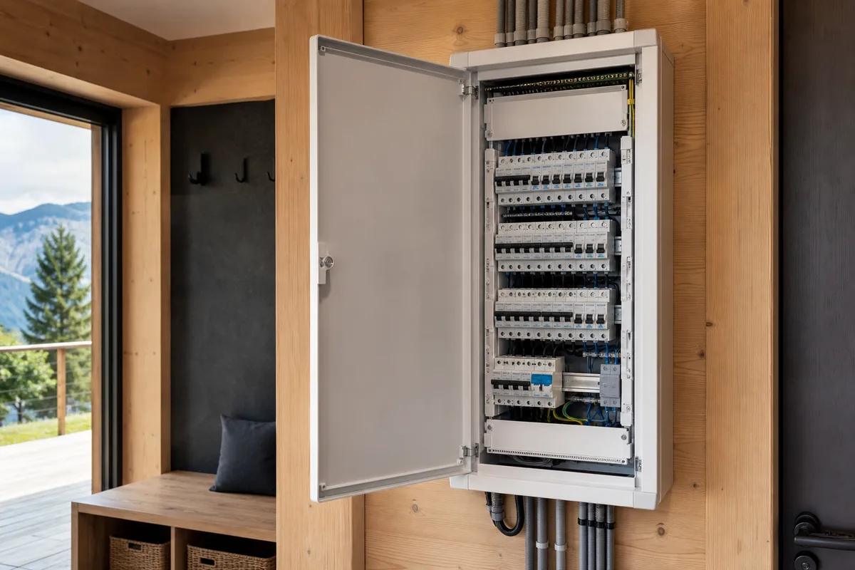 Tableau électrique moderne installé dans un chalet en Haute-Savoie