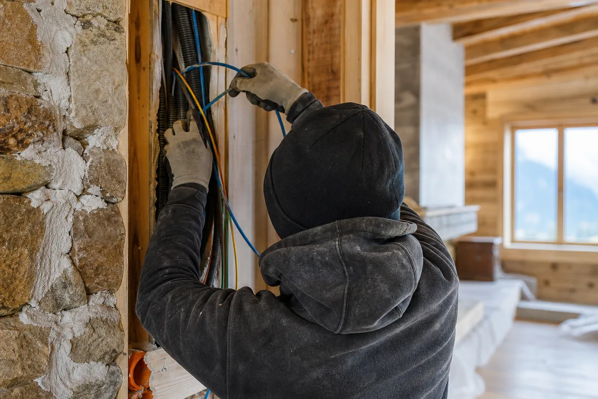Électricien tirant des câbles dans une gaine technique pendant une rénovation