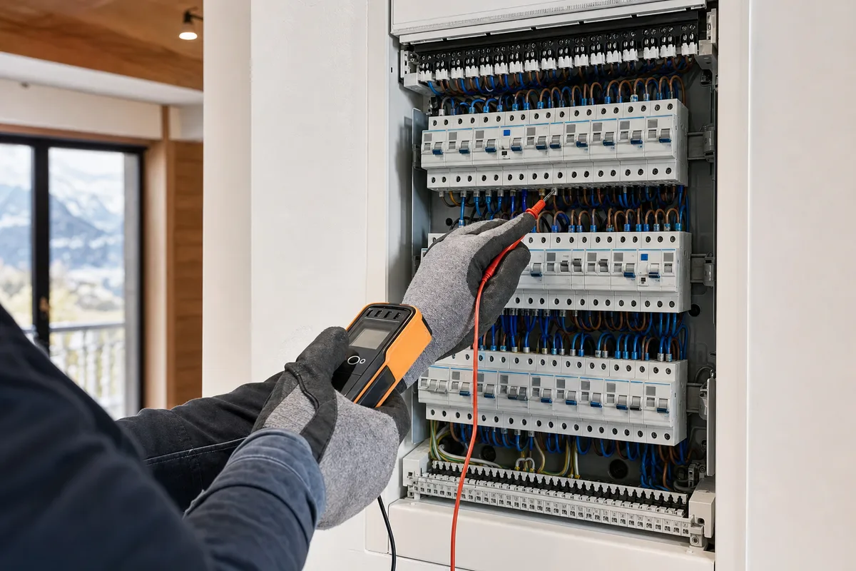 Électricien contrôlant les dispositifs différentiels d&rsquo;un tableau électrique remis à neuf