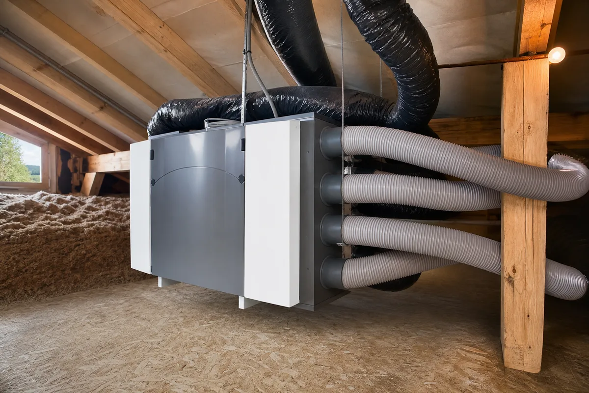 Caisson de VMC double flux installé dans des combles isolés