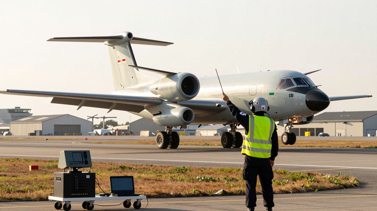 Avion militaire taxiant sur piste avec un agent au gilet jaune guidant au sol à l'aéroport.