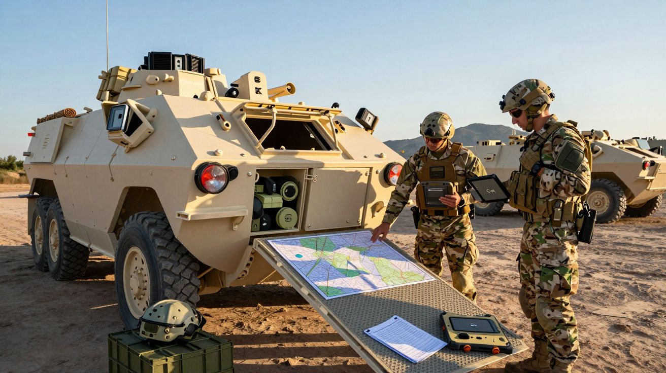 Deux soldats en tenue militaire consultent une carte sur un véhicule blindé dans un désert.