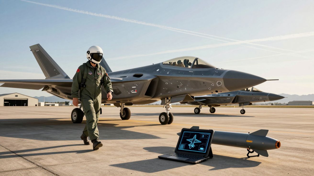 Pilote en combinaison près de deux jets militaires furtifs et un ordinateur portable affichant un drone sur une piste.