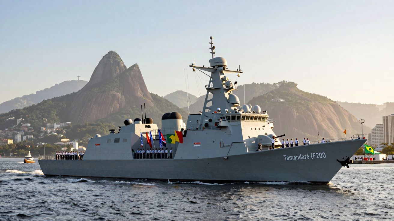 Navire militaire Tamandaré F200 naviguant près des montagnes et de la ville au bord de l'eau.