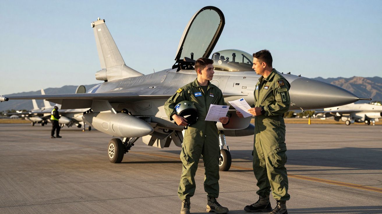 Deux pilotes en tenue discutent devant un avion de chasse F-16 statique sur une piste.