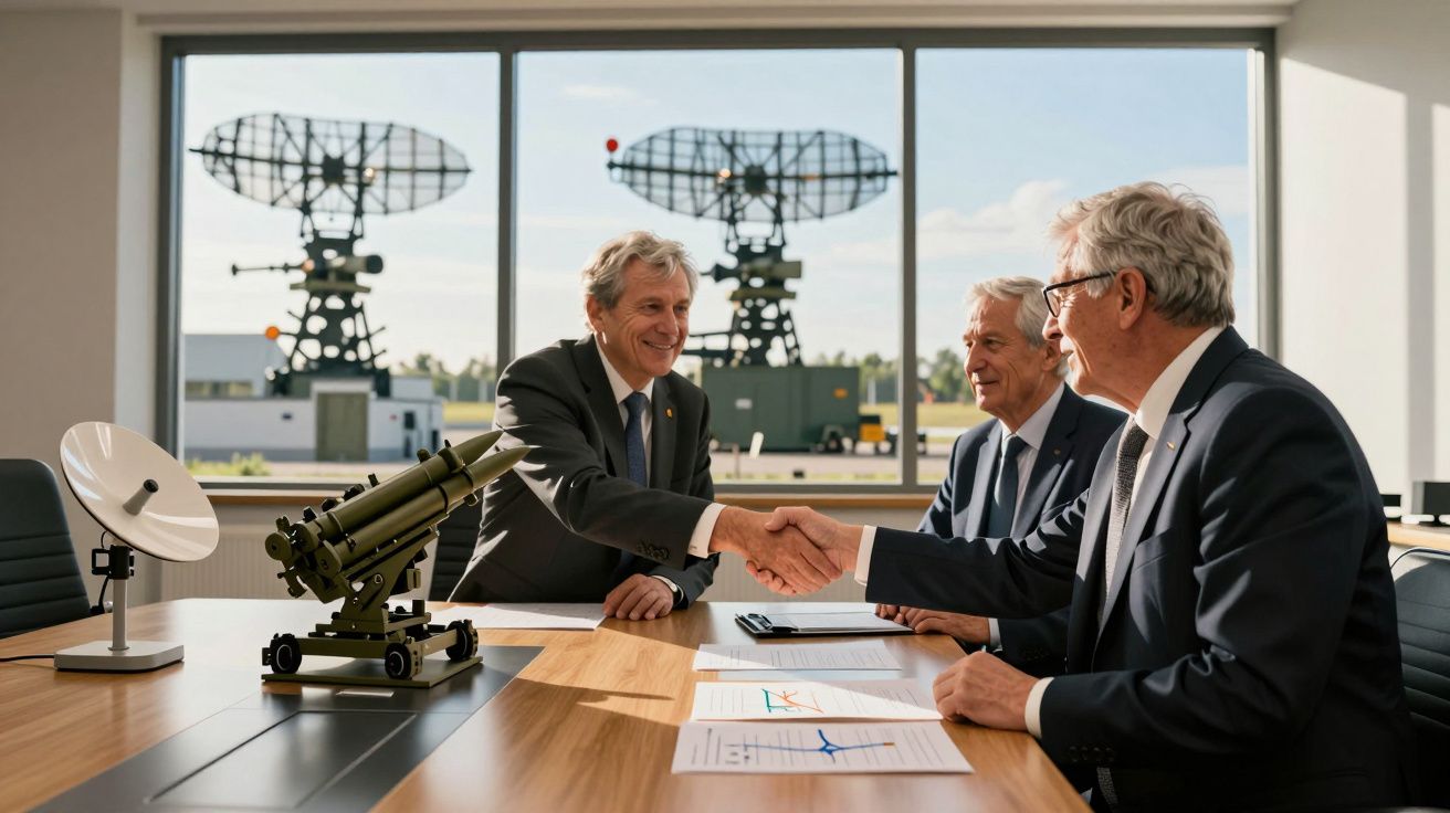 Trois hommes d'affaires s'accordant lors d'une réunion, modèle de missile et antennes radar visibles en arrière-plan.