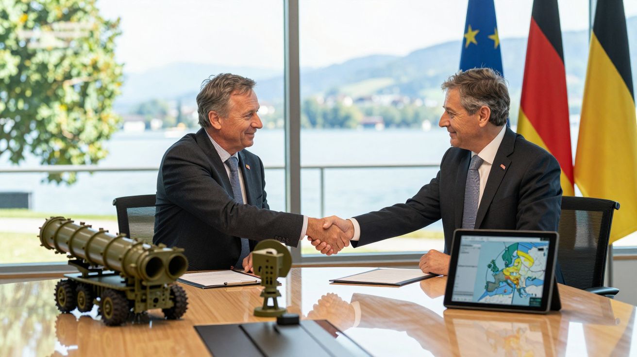Deux hommes en costume se serrant la main devant les drapeaux européens et allemands, avec une tablette et un modèle d'arme s