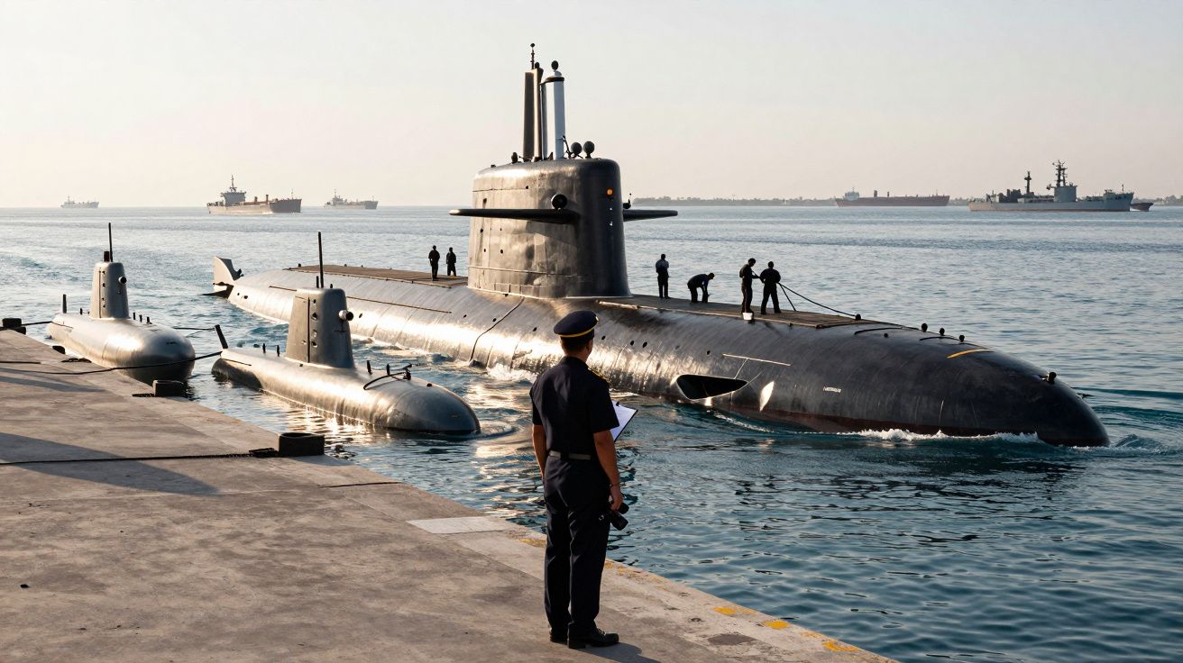Sous-marin militaire amarré, plusieurs marins à bord et un officier sur le quai observant la scène.