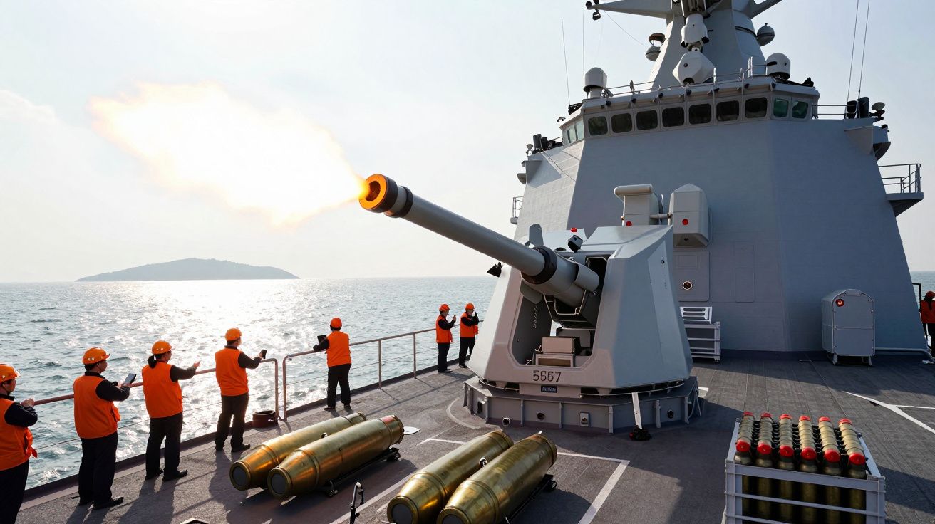 Canon naval en train de tirer sur un navire militaire avec plusieurs obus et marins en gilets orange sur le pont.