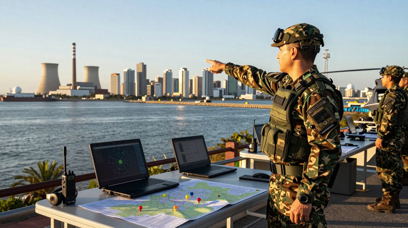 Soldats en tenue militaire surveillant une ville depuis un point de contrôle avec cartes et ordinateurs sur une table.