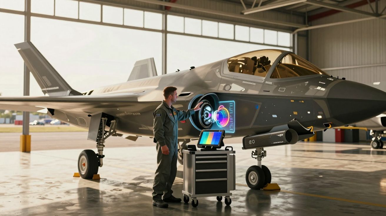 Un technicien en combinaison contrôle un avion de chasse furtif gris dans un hangar avec un écran holographique.
