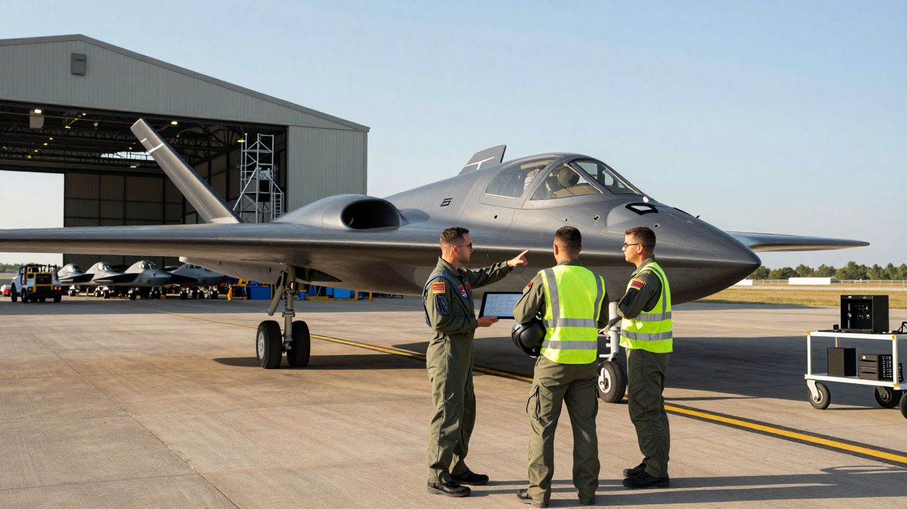 Trois militaires discutent devant un avion furtif gris stationné près d’un hangar sous un ciel clair.