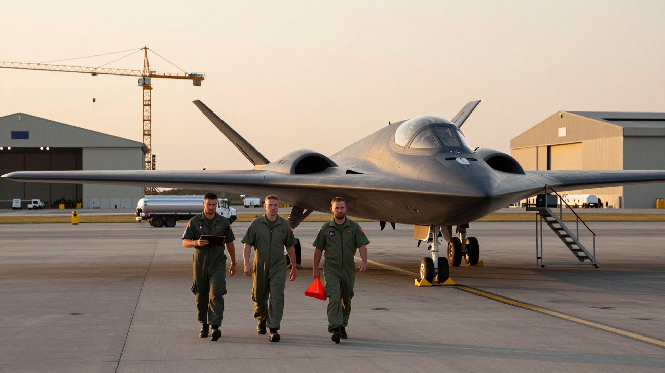 Trois aviateurs en tenue verte marchent devant un avion furtif noir sur une piste au coucher du soleil.