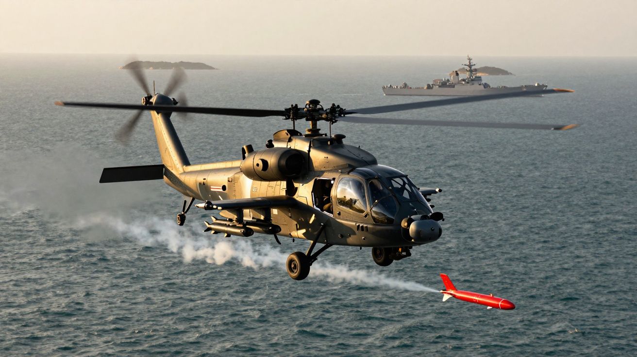 Hélicoptère militaire tirant un missile au-dessus de la mer avec un navire de guerre en arrière-plan.
