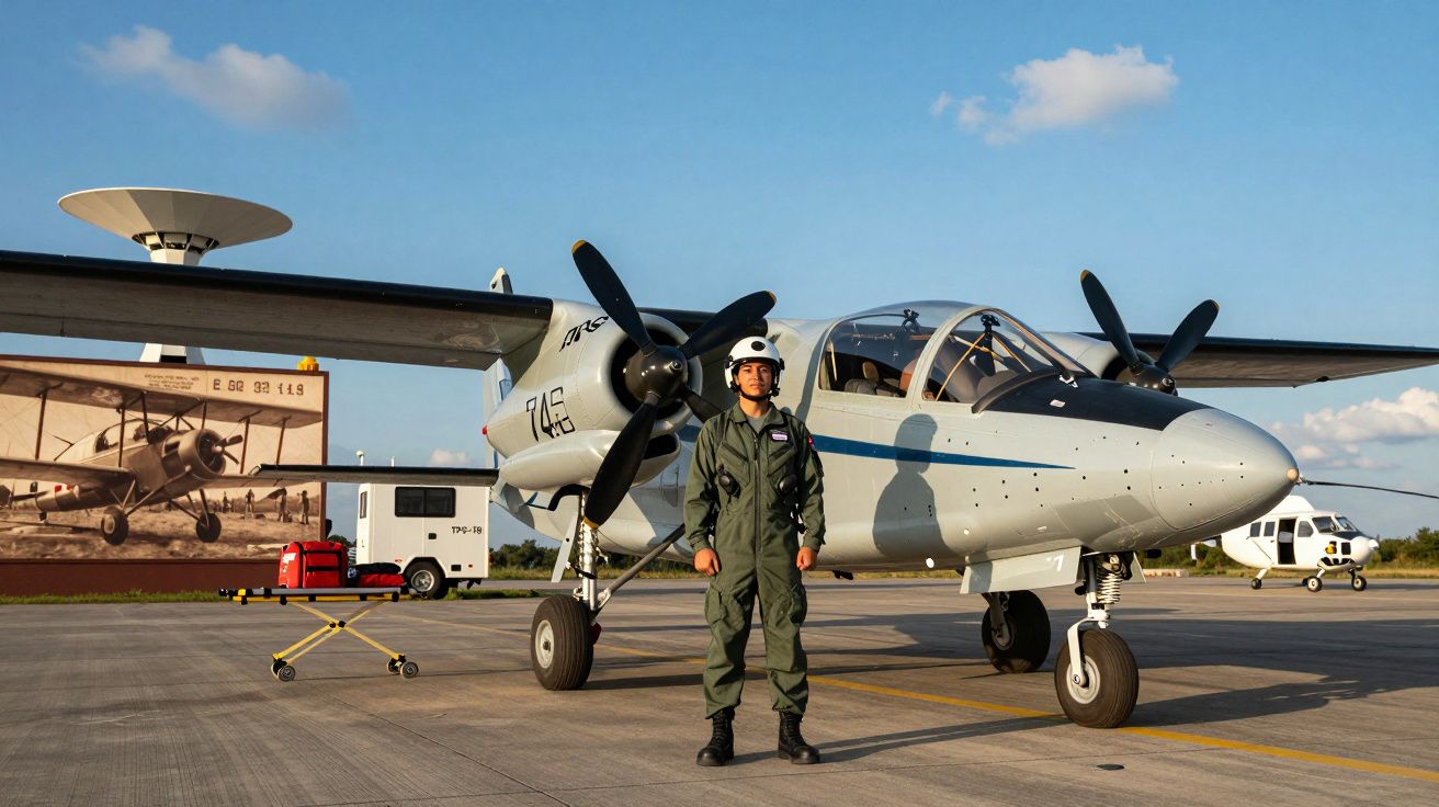 Pilote en tenue verte debout devant un avion bimoteur gris sur une piste au coucher du soleil.