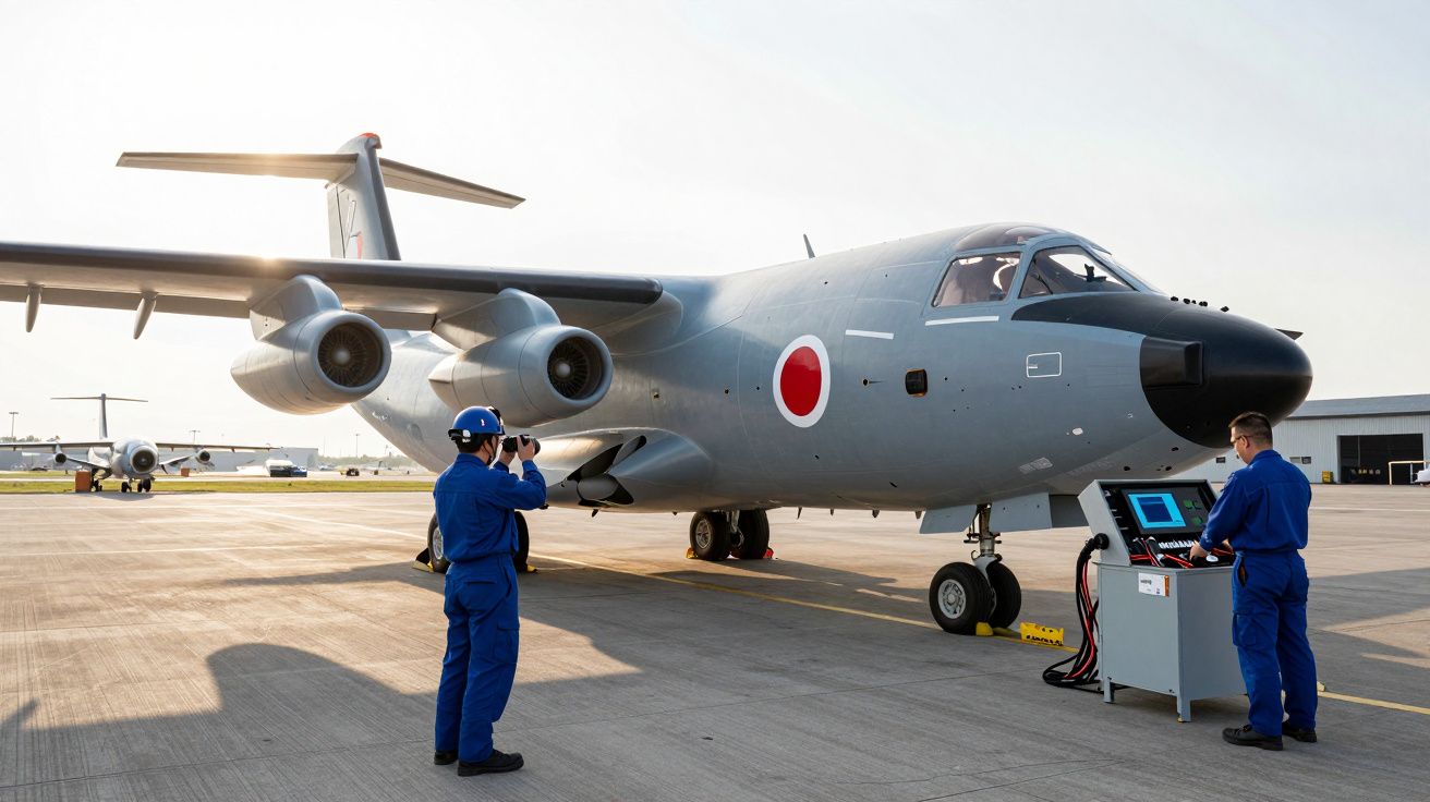 Avion militaire gris avec un cercle rouge au centre sur le tarmac, deux techniciens en bleu inspectent l'avion.