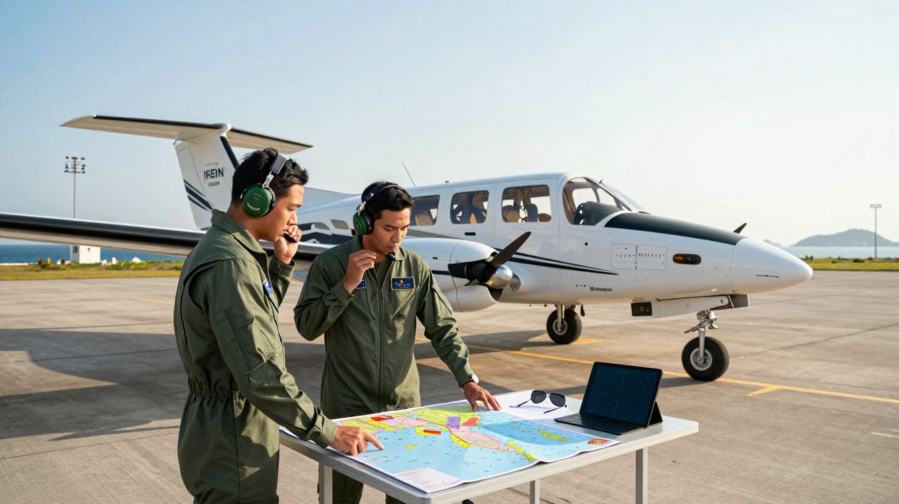 Deux pilotes en combinaison verte planifient un vol avec une carte et un ordinateur près d'un avion blanc.