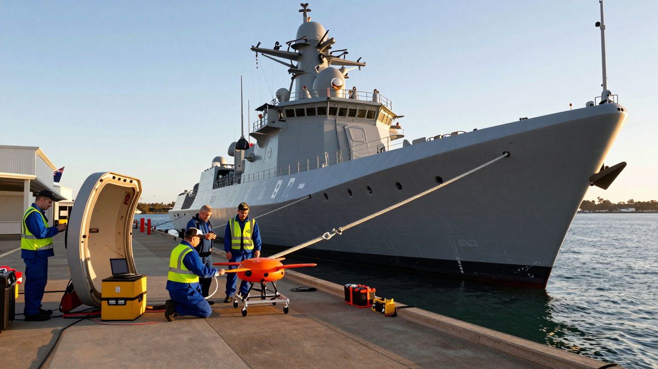 Personnel en gilet de sécurité préparant un drone rouge au bord d'un quai face à un grand navire de guerre gris.