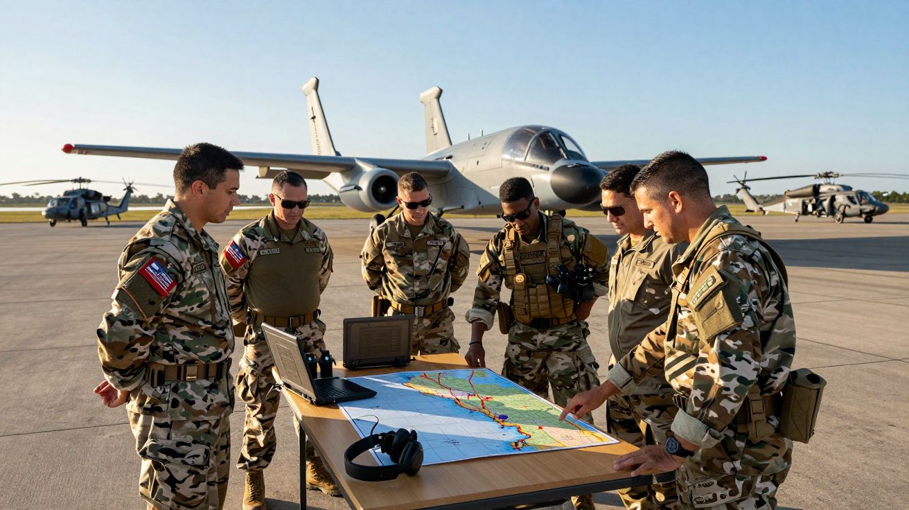 Six militaires en tenue de camouflage planifient une mission autour d'une carte sur un aéroport militaire.