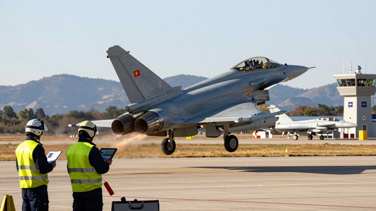 Avion de chasse décollant d'une piste avec deux techniciens en gilet jaune surveillant au sol.