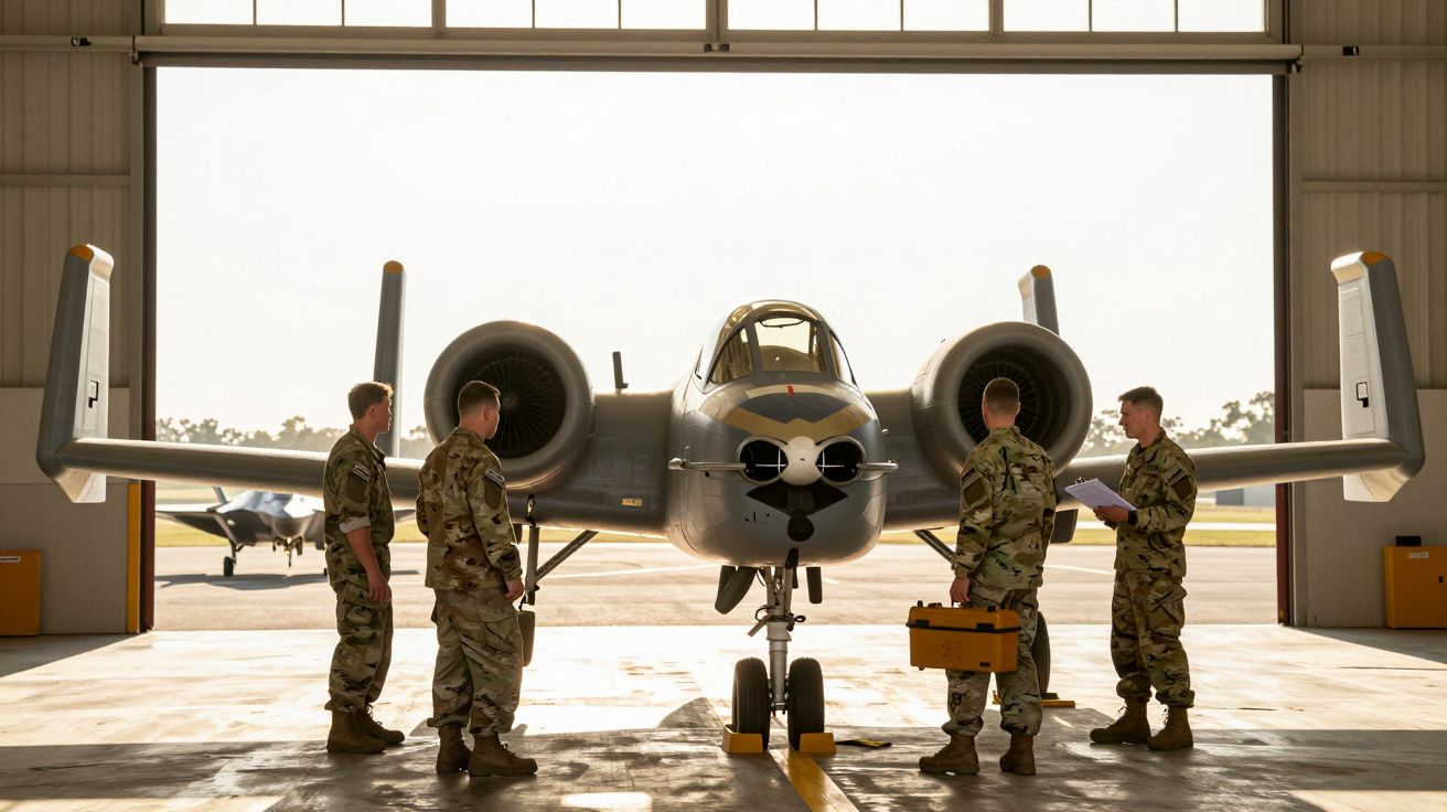 Quatre militaires en tenue debout autour d’un avion de chasse dans un hangar ouvert, en pleine inspection.