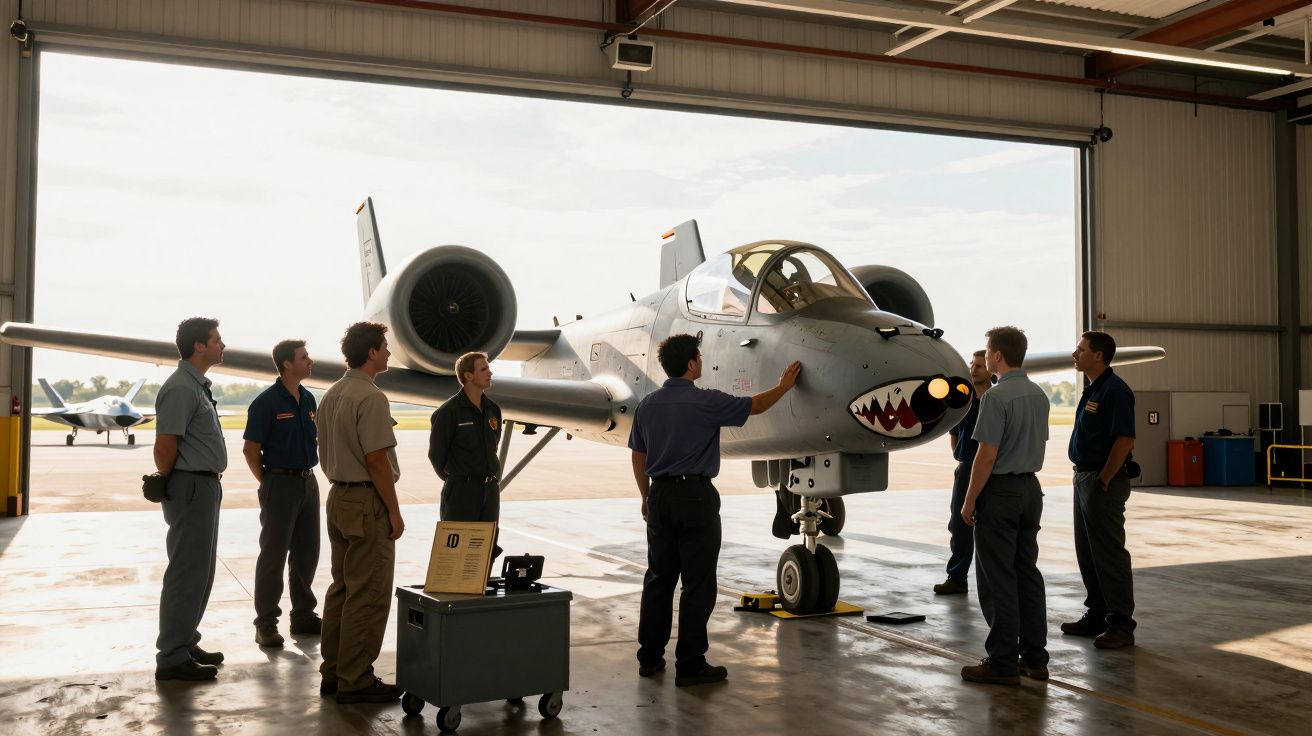 Un groupe de techniciens observe un avion militaire A-10 dans un hangar aéronautique.