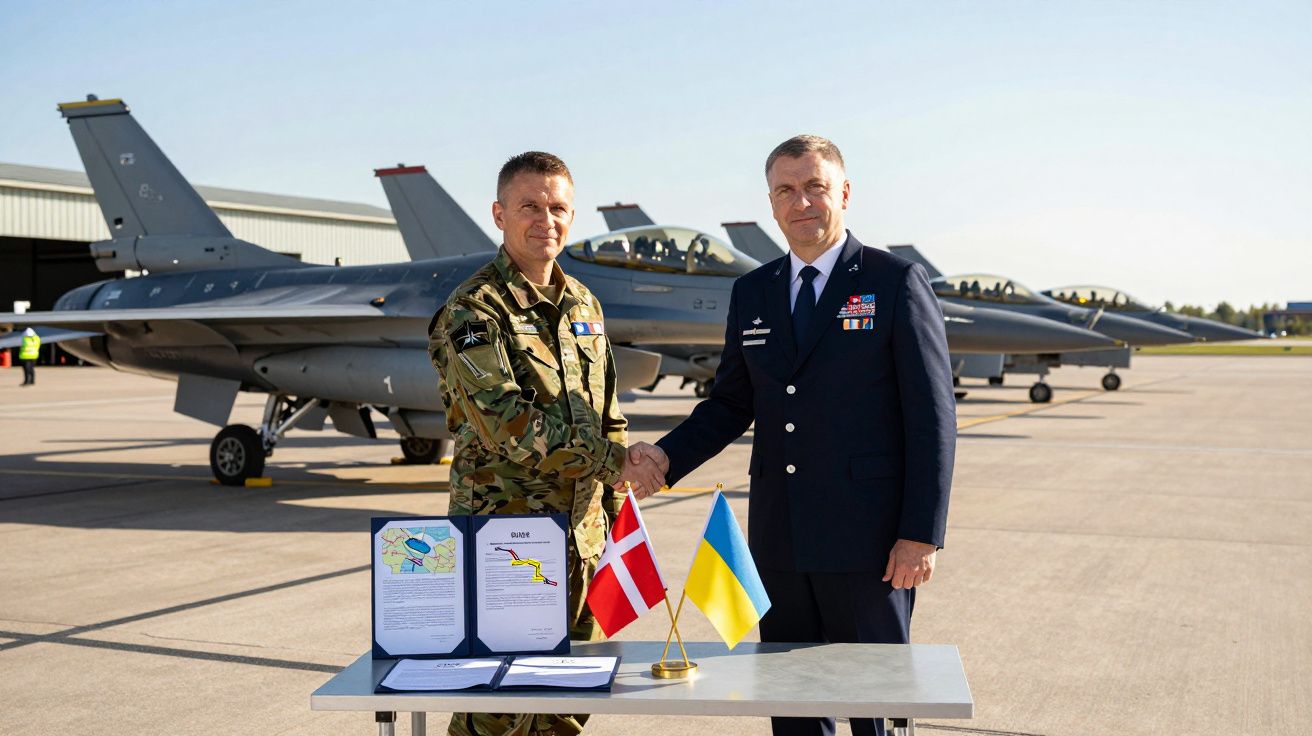 Deux militaires serrant la main devant des avions de chasse avec les drapeaux du Danemark et de l’Ukraine sur une table.