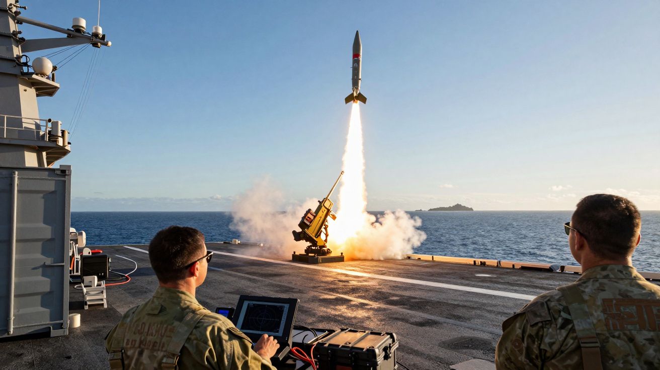 Deux militaires surveillent le lancement d'un missile depuis le pont d'un navire en mer par temps clair.