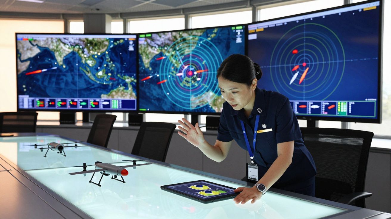 Femme en uniforme contrôlant des drones sur tablette, avec des écrans de surveillance géographique en arrière-plan.