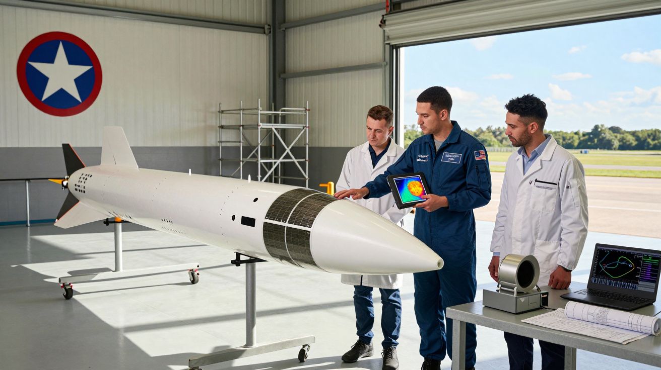 Trois ingénieurs examinent une maquette de missile blanc dans un hangar avec un ordinateur portable et équipement.