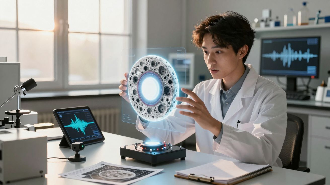 Scientifique en blouse blanche manipulant un hologramme circulaire dans un laboratoire moderne lumineux.