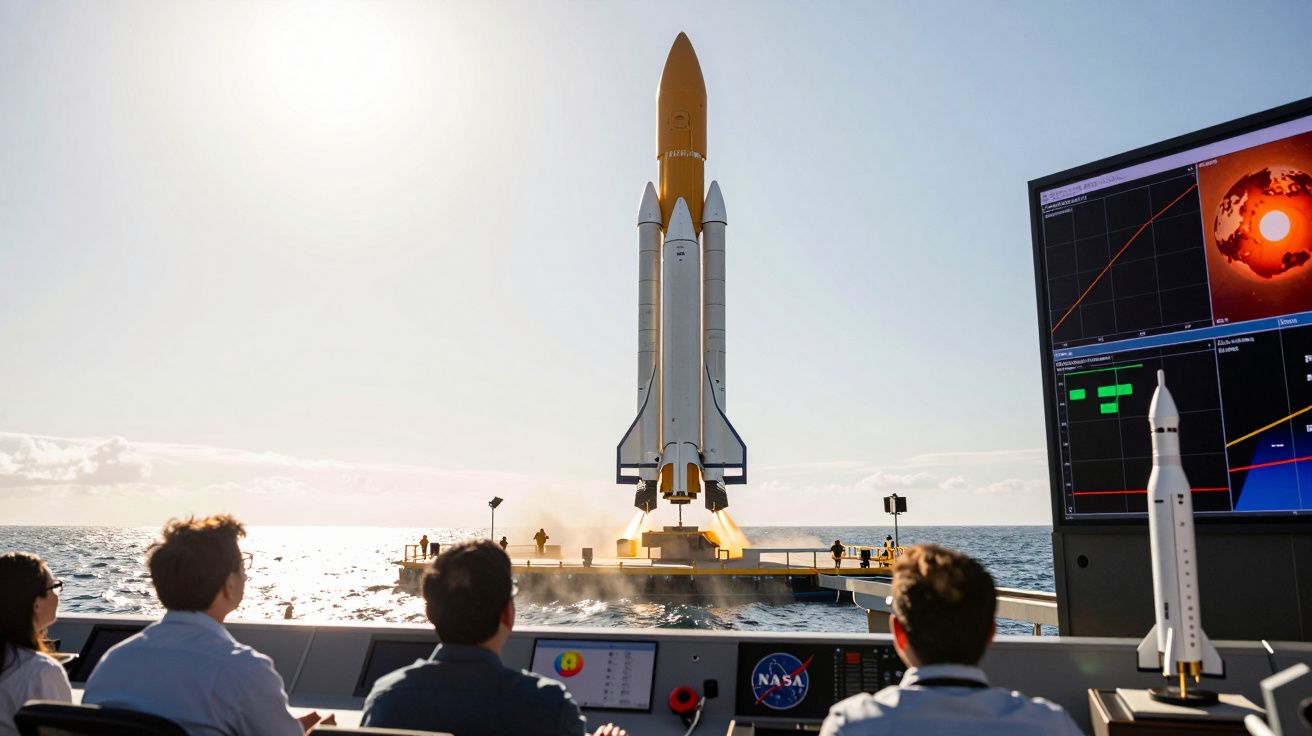 Lancement de navette spatiale depuis une plate-forme en mer observé par des ingénieurs au centre de contrôle NASA.