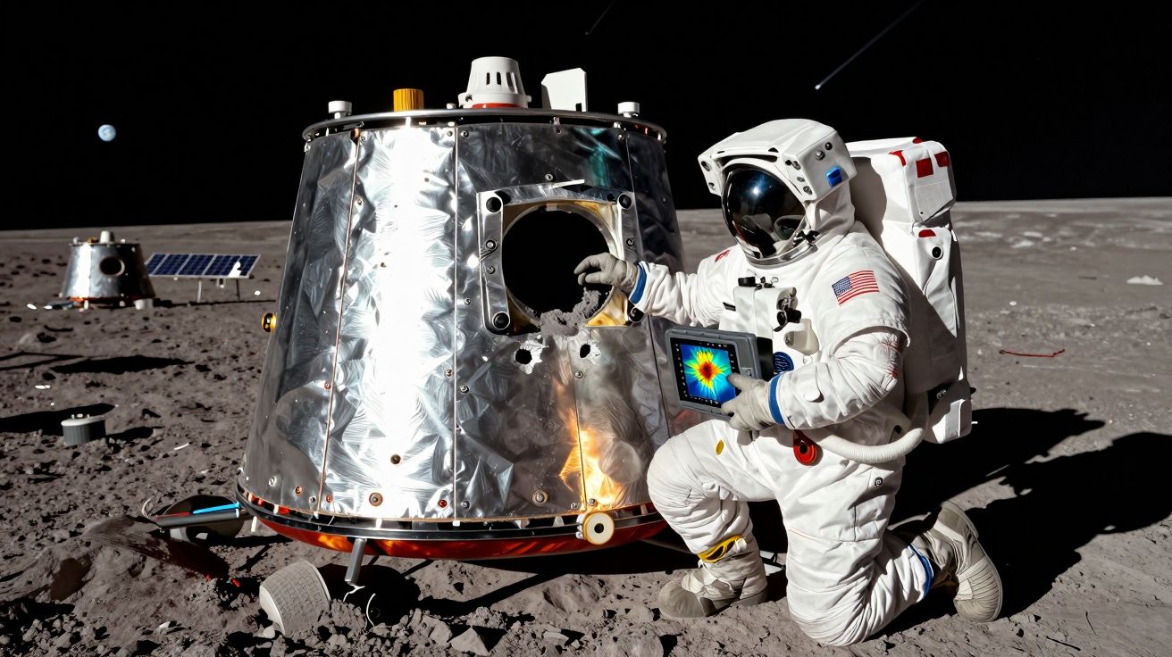 Astronaute américain en combinaison spatiale examinant un module lunaire sur la surface de la Lune.