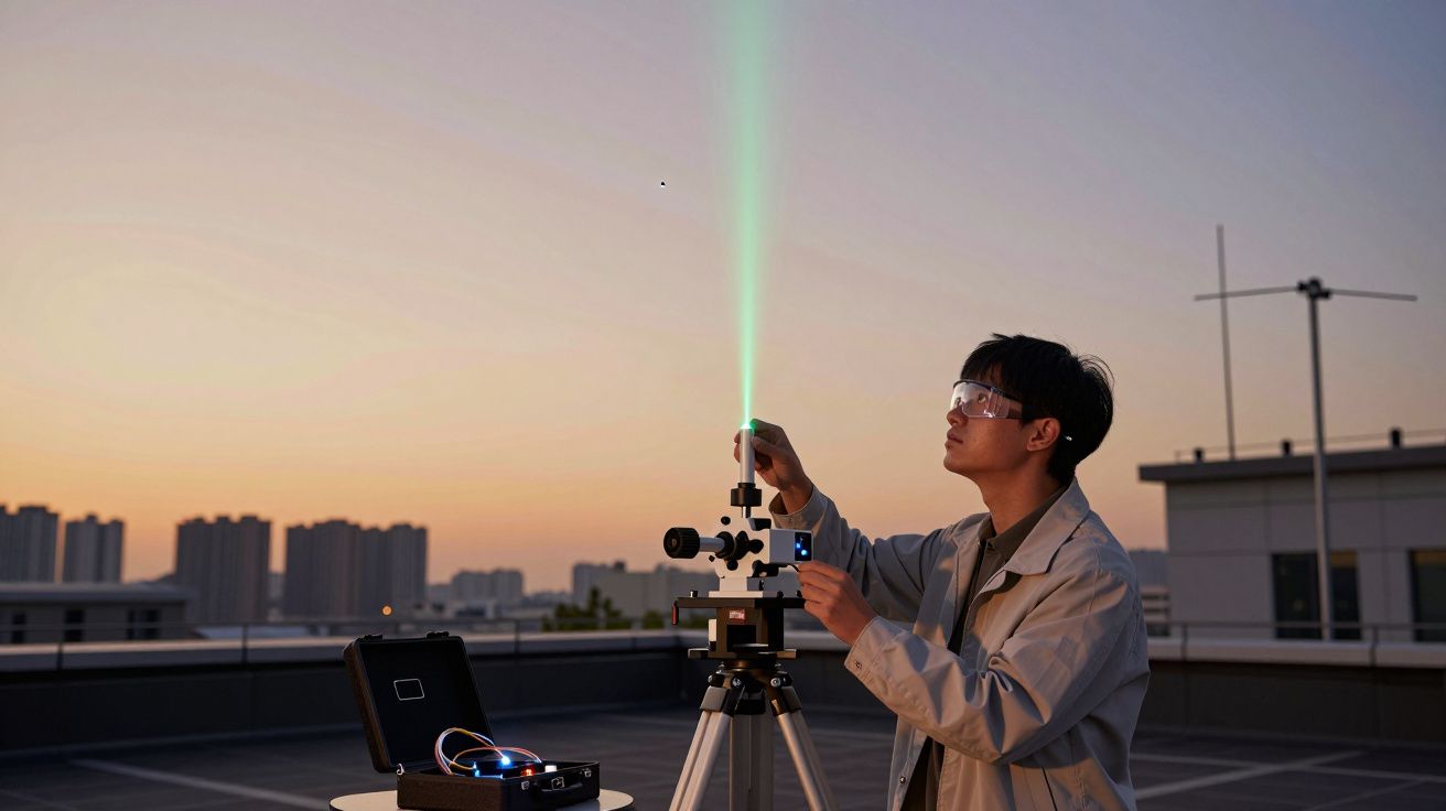 Jeune scientifique ajuste un faisceau laser vert sur un toit au crépuscule avec équipements et ville en arrière-plan.
