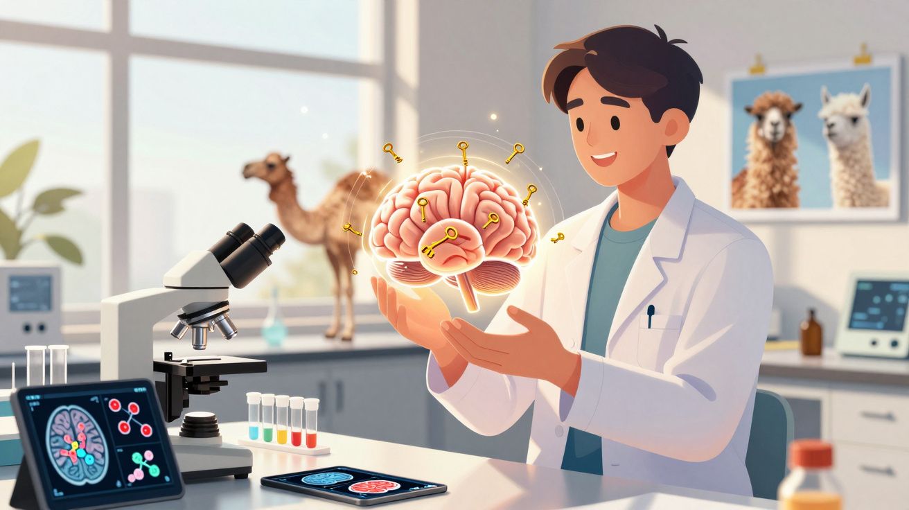 Chercheur en laboratoire tenant un cerveau virtuel, microscope et ordinateur avec images cérébrales sur la table.