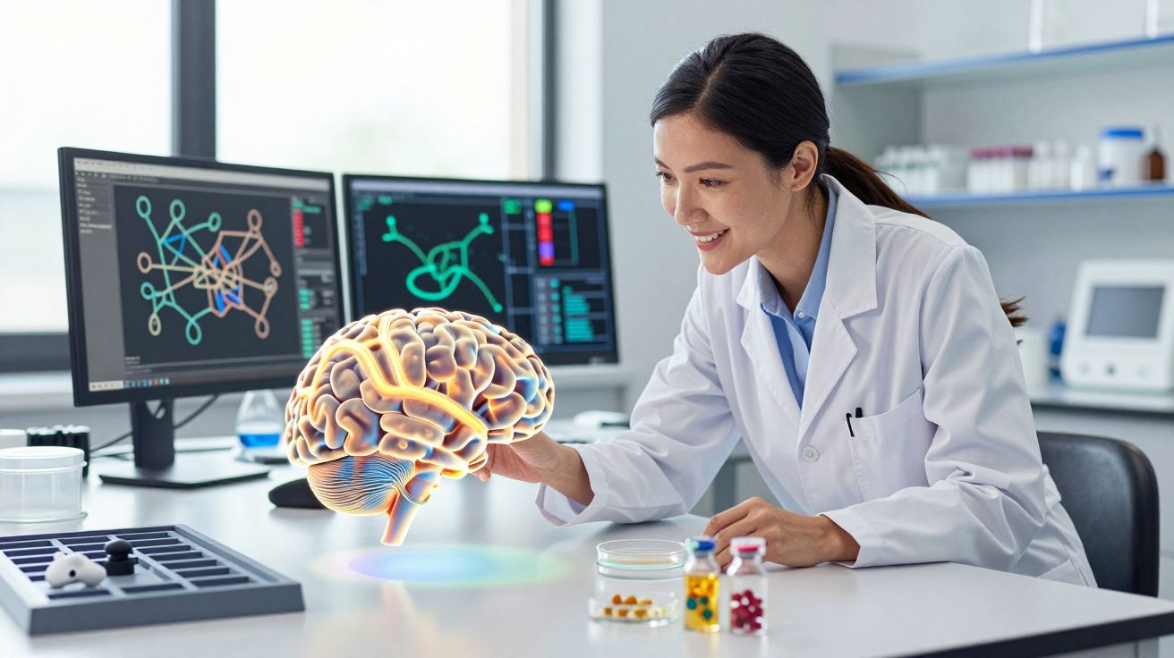 Chercheuse en blouse blanche analysant un cerveau holographique avec des écrans de données en arrière-plan.