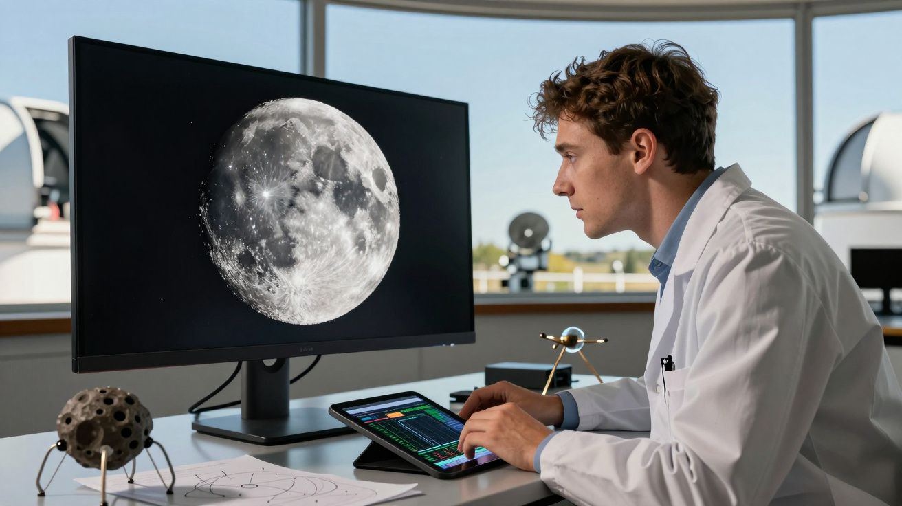 Chercheur en blouse blanche analysant une image détaillée de la Lune sur un écran d’ordinateur.