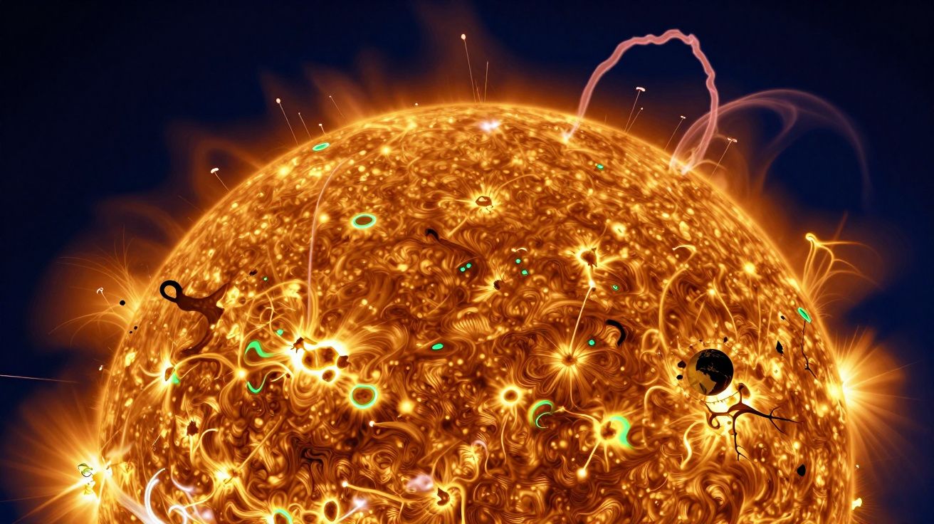 Surface du soleil en éruption avec zones actives lumineuses et boucles magnétiques colorées sur fond noir spatial.