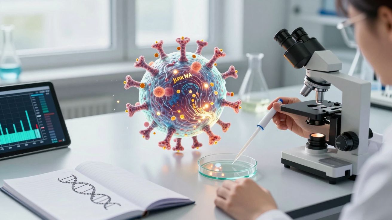Scientifique analysant un virus en 3D avec microscope, pipette, notes ADN et données de recherche sur écran.