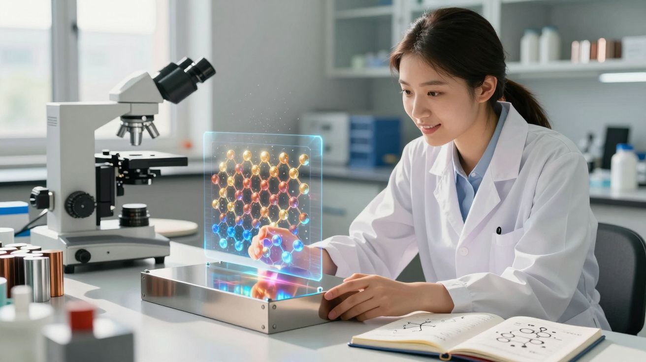 Jeune scientifique en blouse blanche étudiant une molécule en hologramme dans un laboratoire moderne.