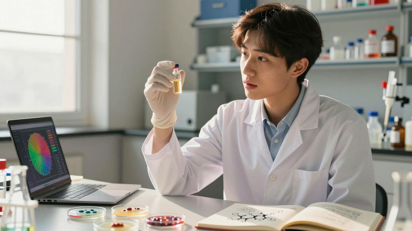 Jeune scientifique en blouse blanche examinant un échantillon dans un laboratoire moderne.