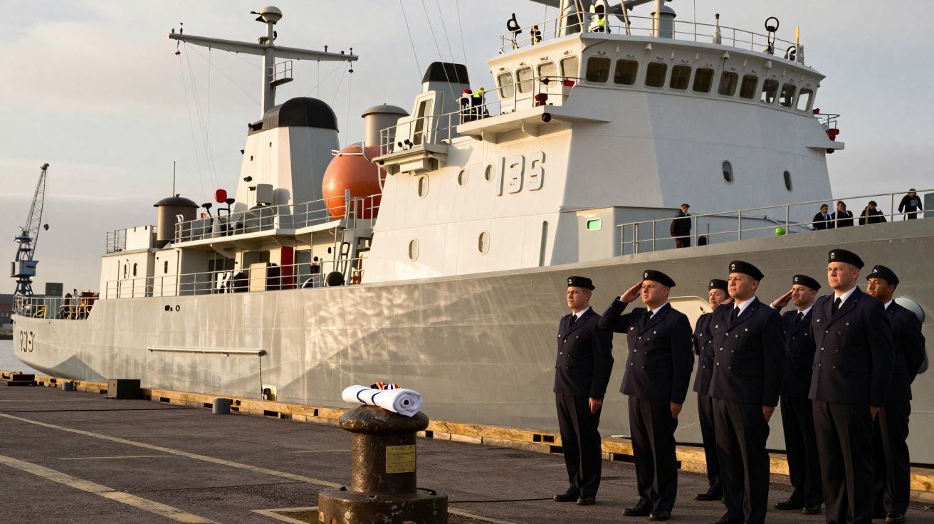 Marine en uniforme saluant devant un grand navire militaire gris amarré au port au coucher du soleil.