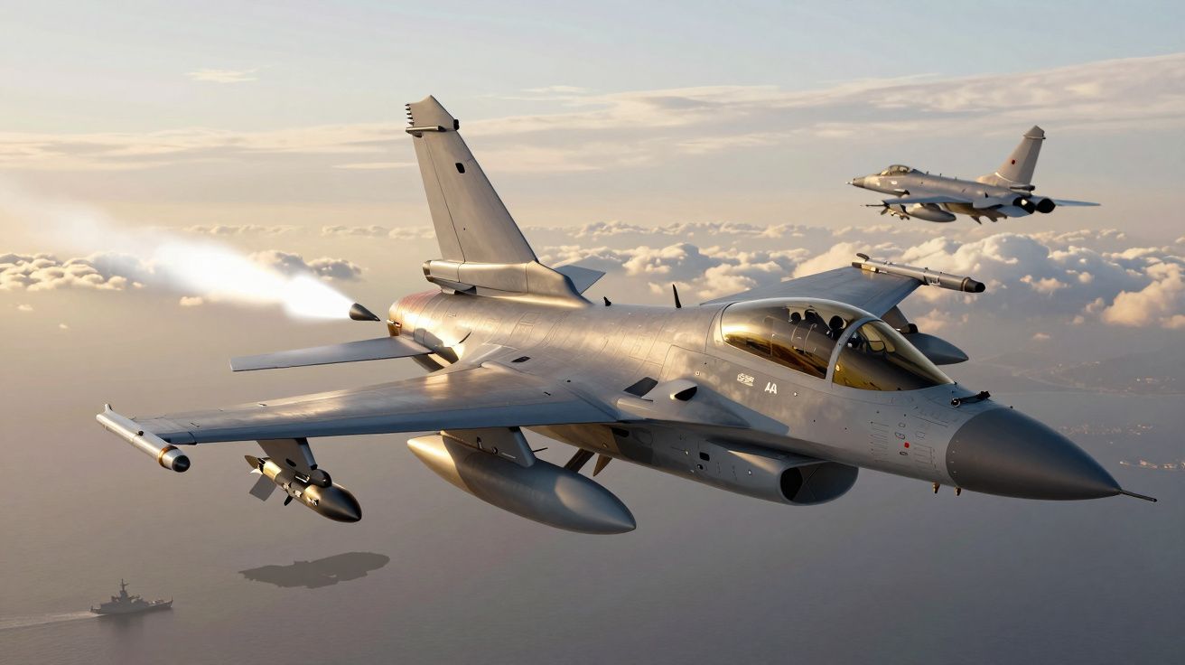 Deux avions de chasse militaires en vol au-dessus de la mer au coucher du soleil.