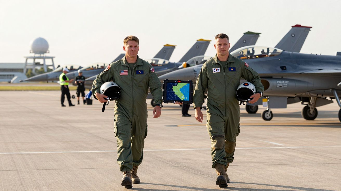 Deux pilotes militaires marchent sur un tarmac avec des avions de chasse F-16 alignés en arrière-plan.