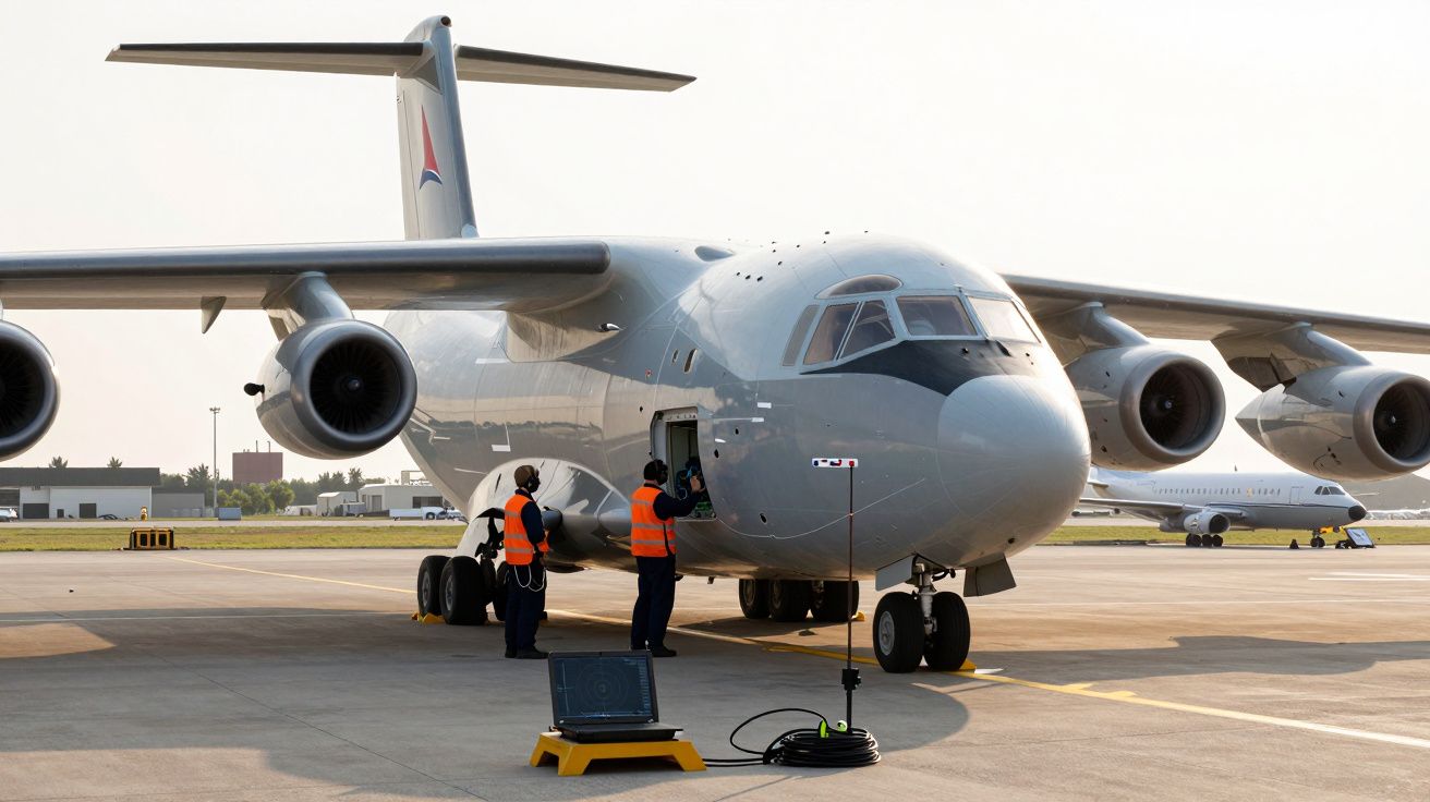 Avion militaire au sol avec deux techniciens en gilets orange effectuant des contrôles avant vol.